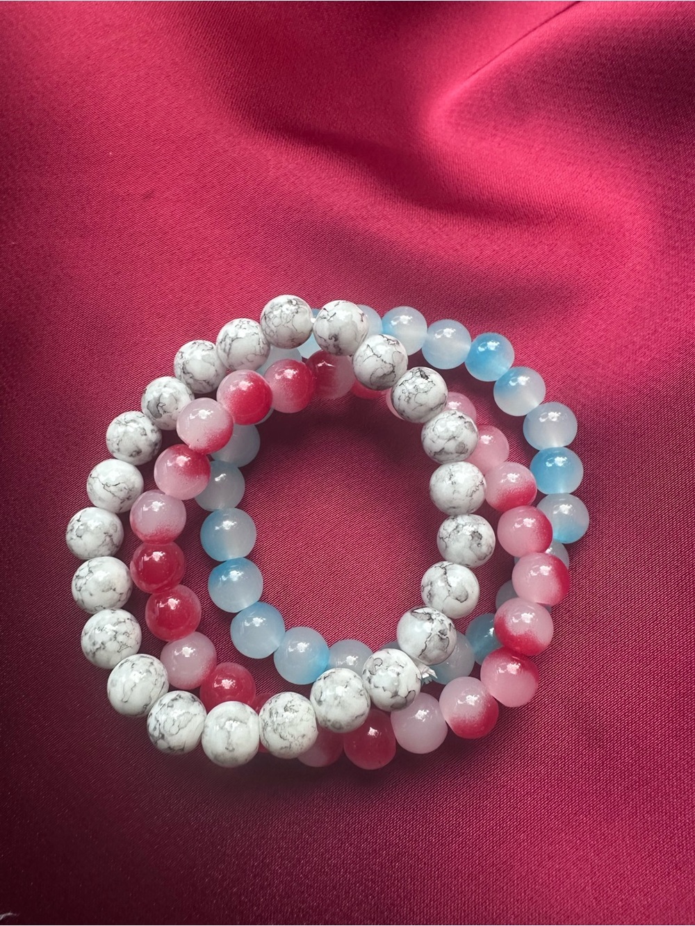 White Howlite and Pink Blue Agate Beaded Stretch Bracelet Set